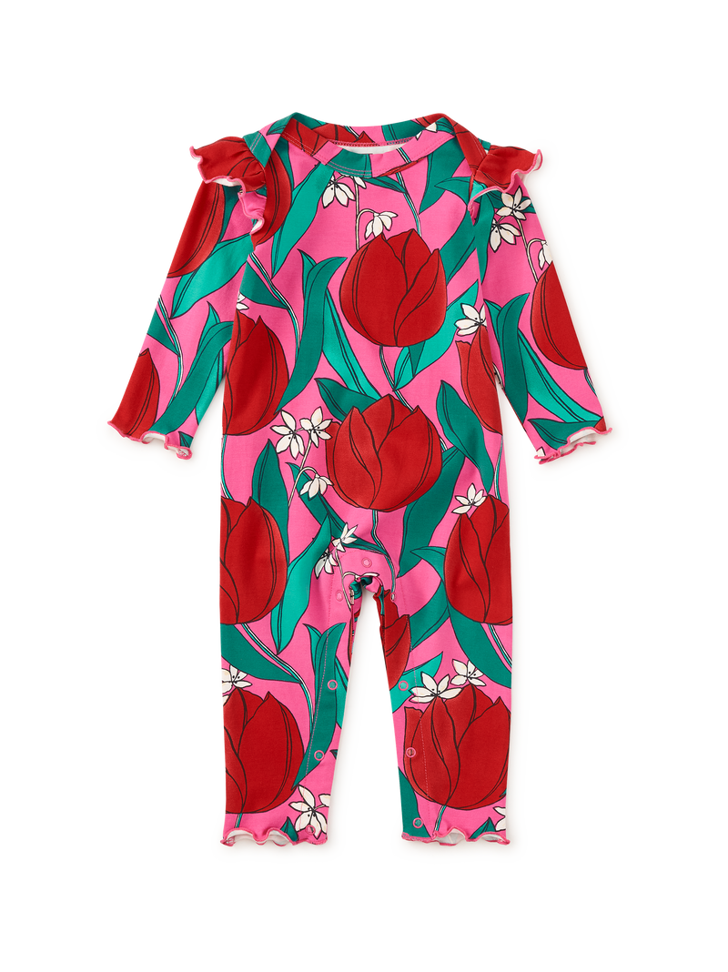 Ruffle Shoulder Baby Romper in Tulip Twist In Pink - View 1